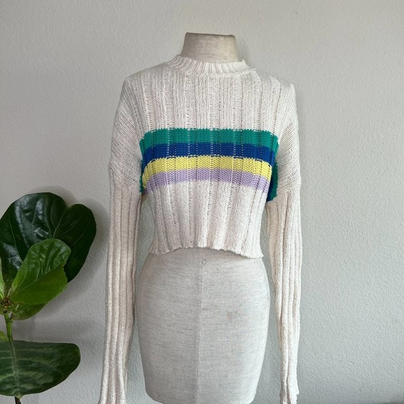 Crop Knit Sweater Pullover Striped Drop Shoulder Long Sleeve - Picture 4 of 9